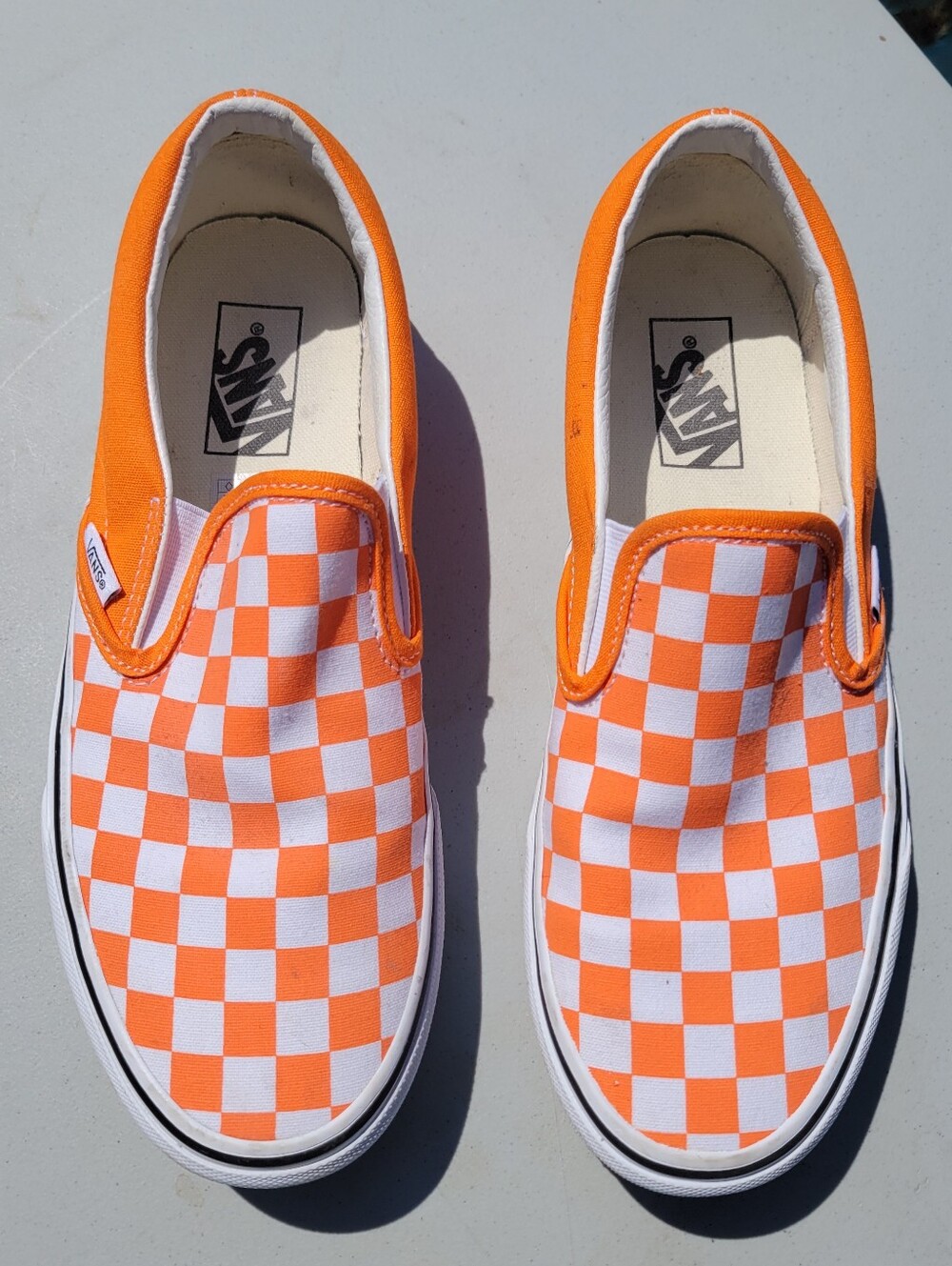 Vans Orange White Checkered Slip-On Shoes, size men's 8 , ladies 9.5